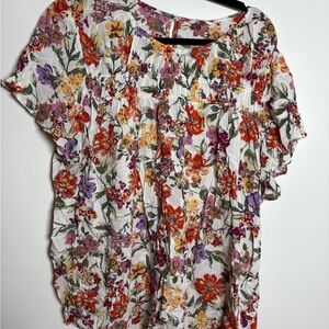 Penningtons White Floral Short-Sleeve Blouse with Red, Purple & Yellow Blooms